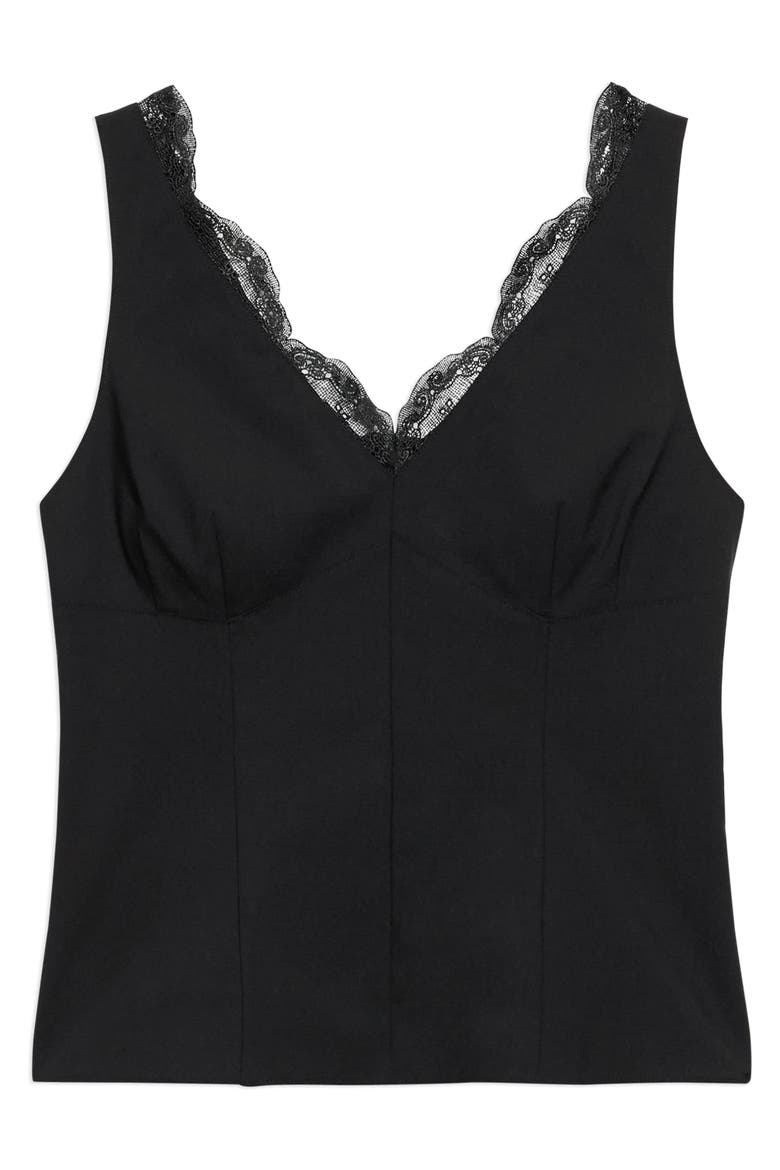 Lace Trim Tailored Virgin Wool Blend Top, Alternate, color, BLACK