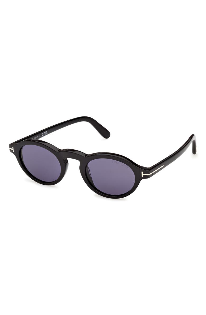 TOM FORD Aristotele 48mm Small Oval Sunglasses, Alternate, color, Shiny Black / Blue Lens