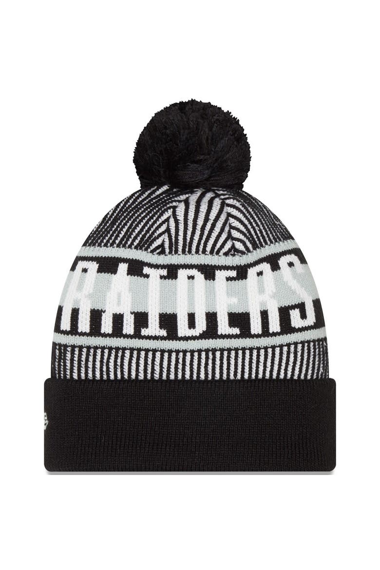 Men's New Era Black Las Vegas Raiders Striped Cuffed Knit Hat with Pom, Alternate, color, Black