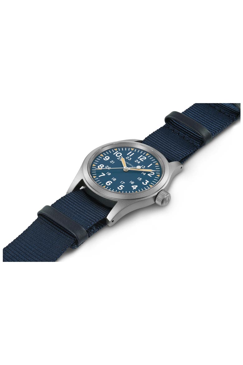 Khaki Field Mechanical NATO Strap Watch, 38mm, Alternate, color, BLUE
