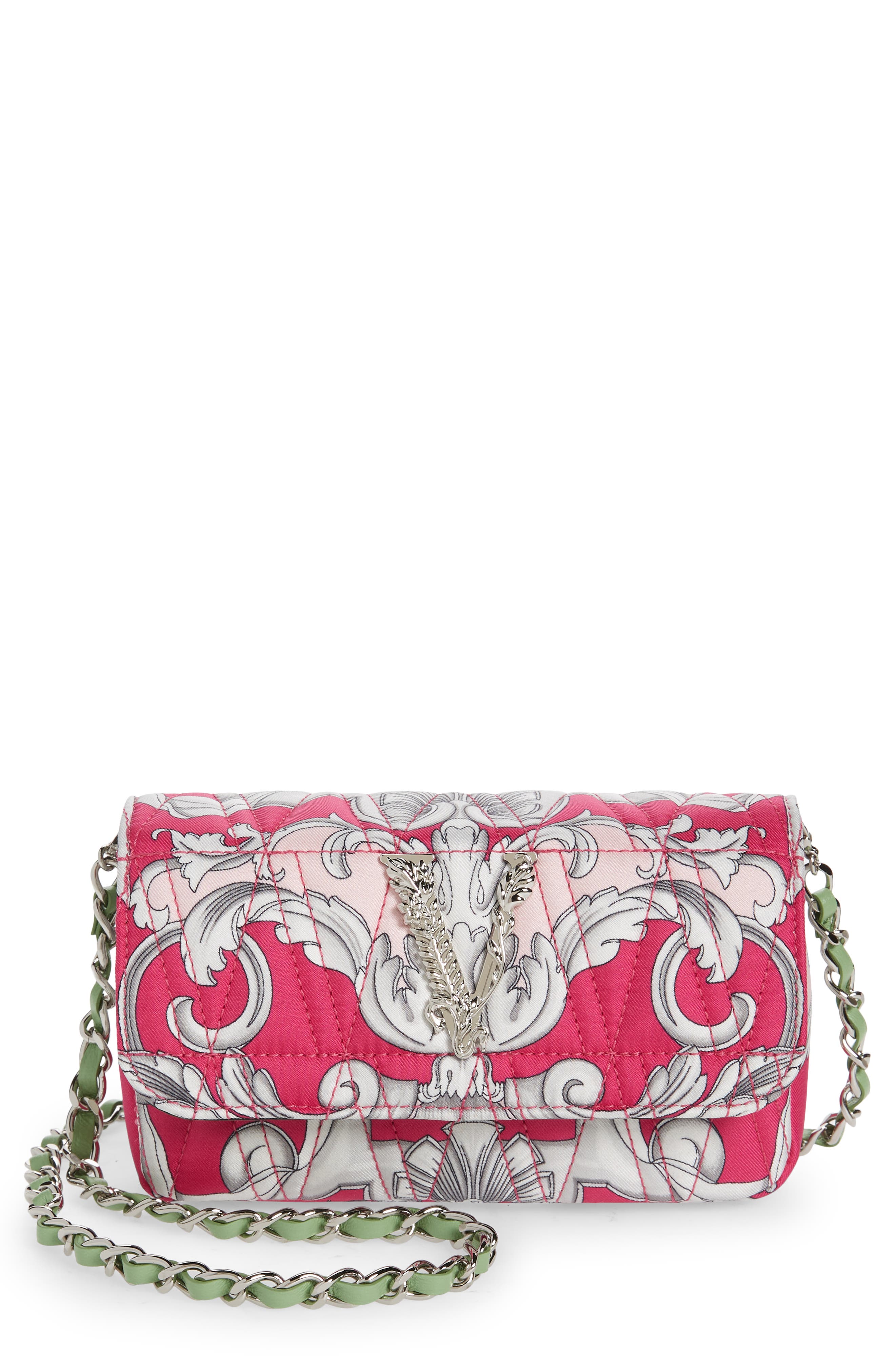 Versace Virtus Print Quilted Silk Twill Shoulder Bag, Main, color, 