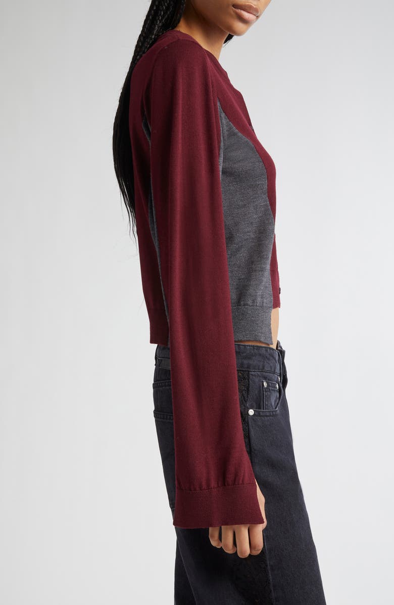 Stella McCartney Spliced Colorblock Virgin Wool Crop Cardigan, Alternate, color, Grey/ Bordeaux