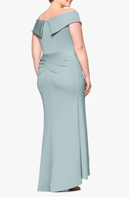 Xscape Evenings Off The Shoulder Ruffle Scuba Gown In Sage