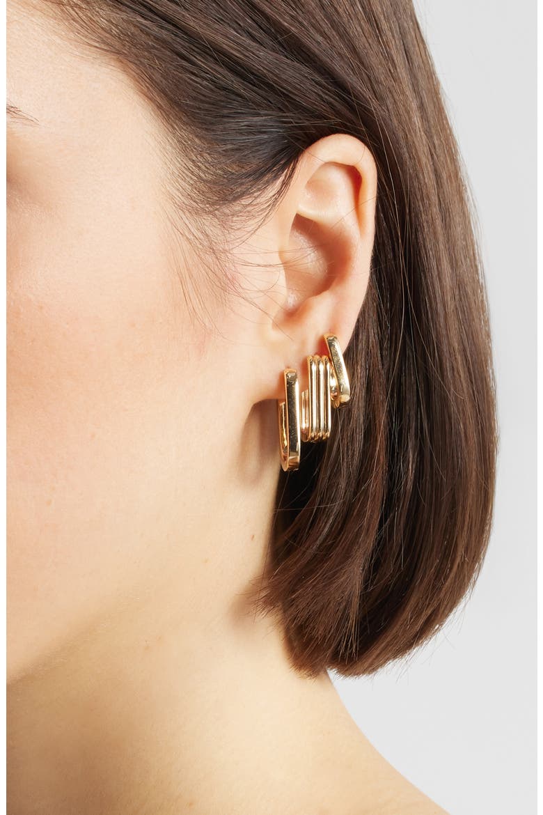 Set of 3 Rectangle Huggie Hoop Earrings, Alternate, color, GOLD