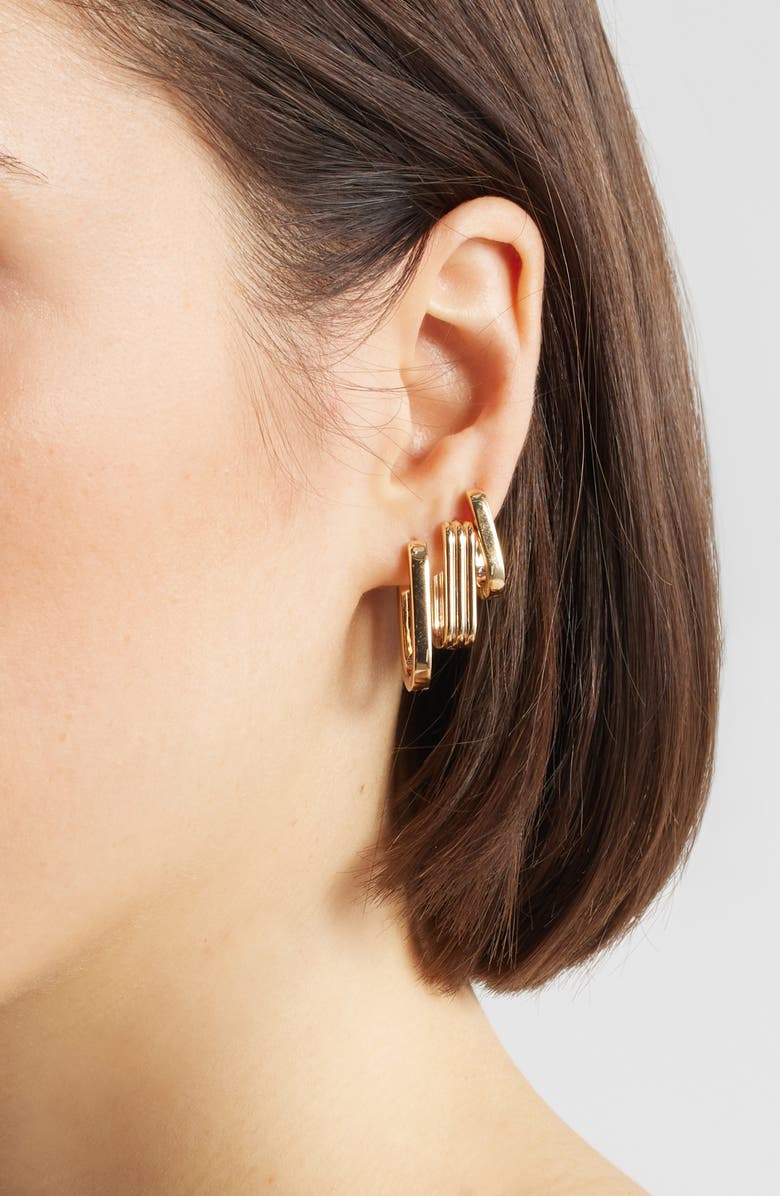 Open Edit Set of 3 Rectangle Huggie Hoop Earrings, Alternate, color, Gold