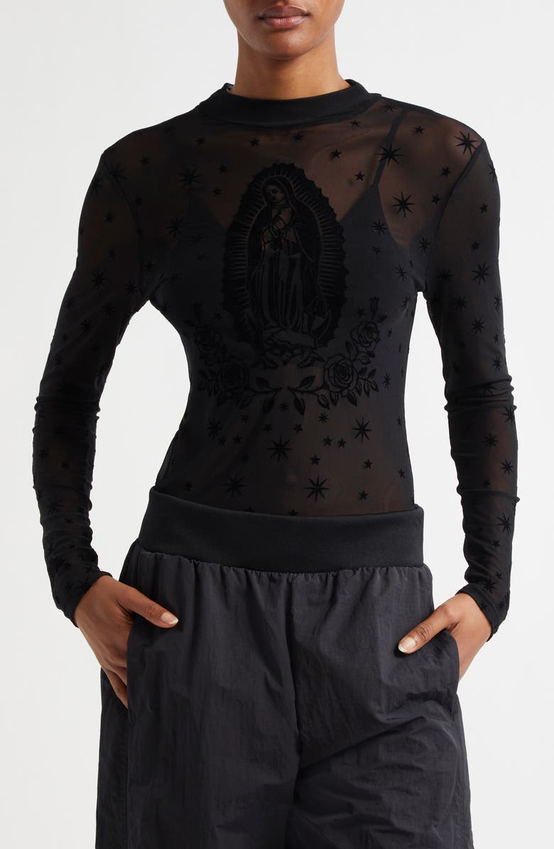 Bella Doña Virgencita Long Sleeve Mesh Top, Main, color, Black Mesh