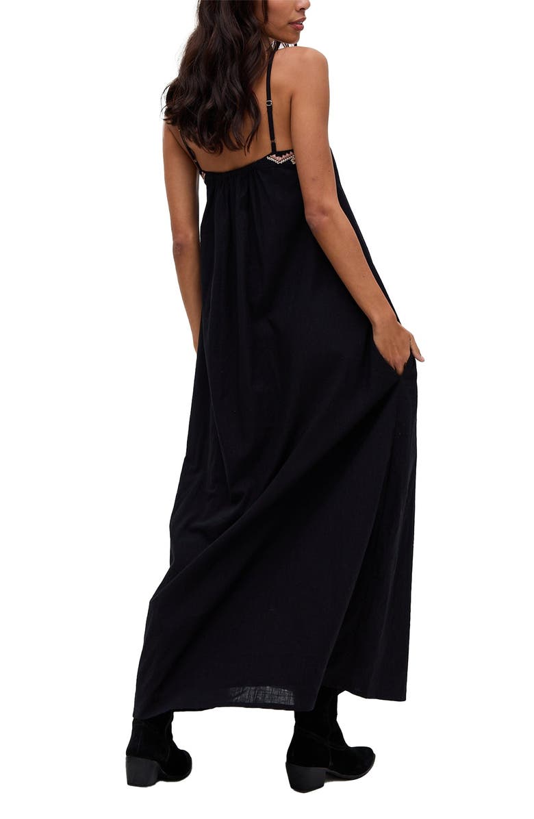 Raffya Sapphire Spaghetti Strap Embroidered Maxi Dress, Alternate, color, Black