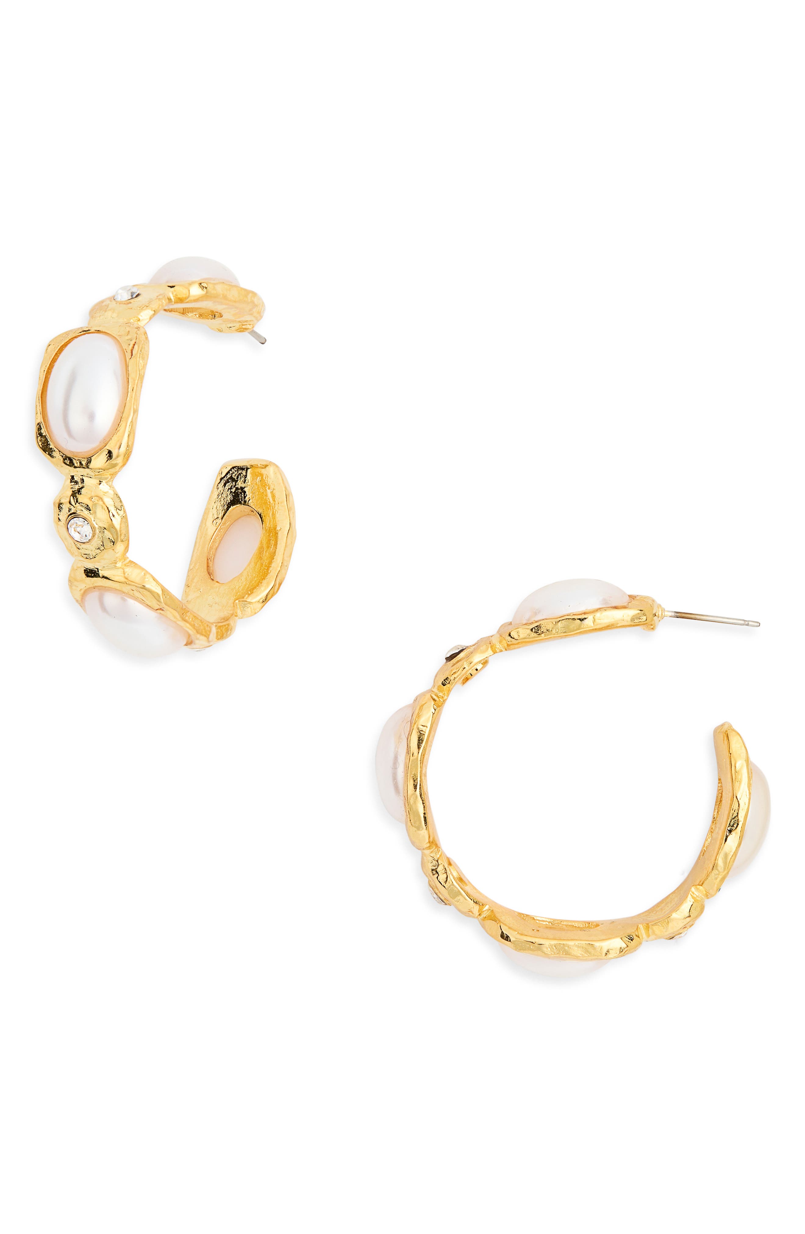 Kenneth Jay Lane Faux Pearl & Crystal Hoop Earrings