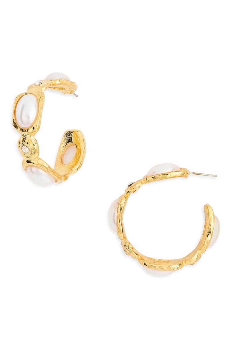 Faux Pearl & Crystal Hoop Earrings, Main, color, SATIN GOLD