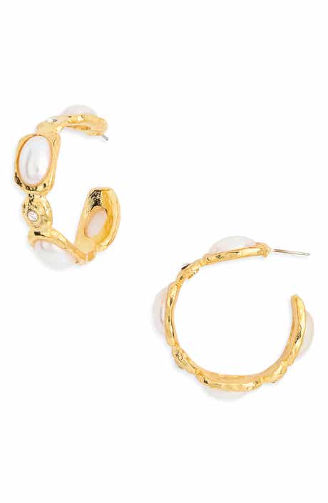 Kenneth Jay Lane Faux Pearl & Crystal Hoop Earrings