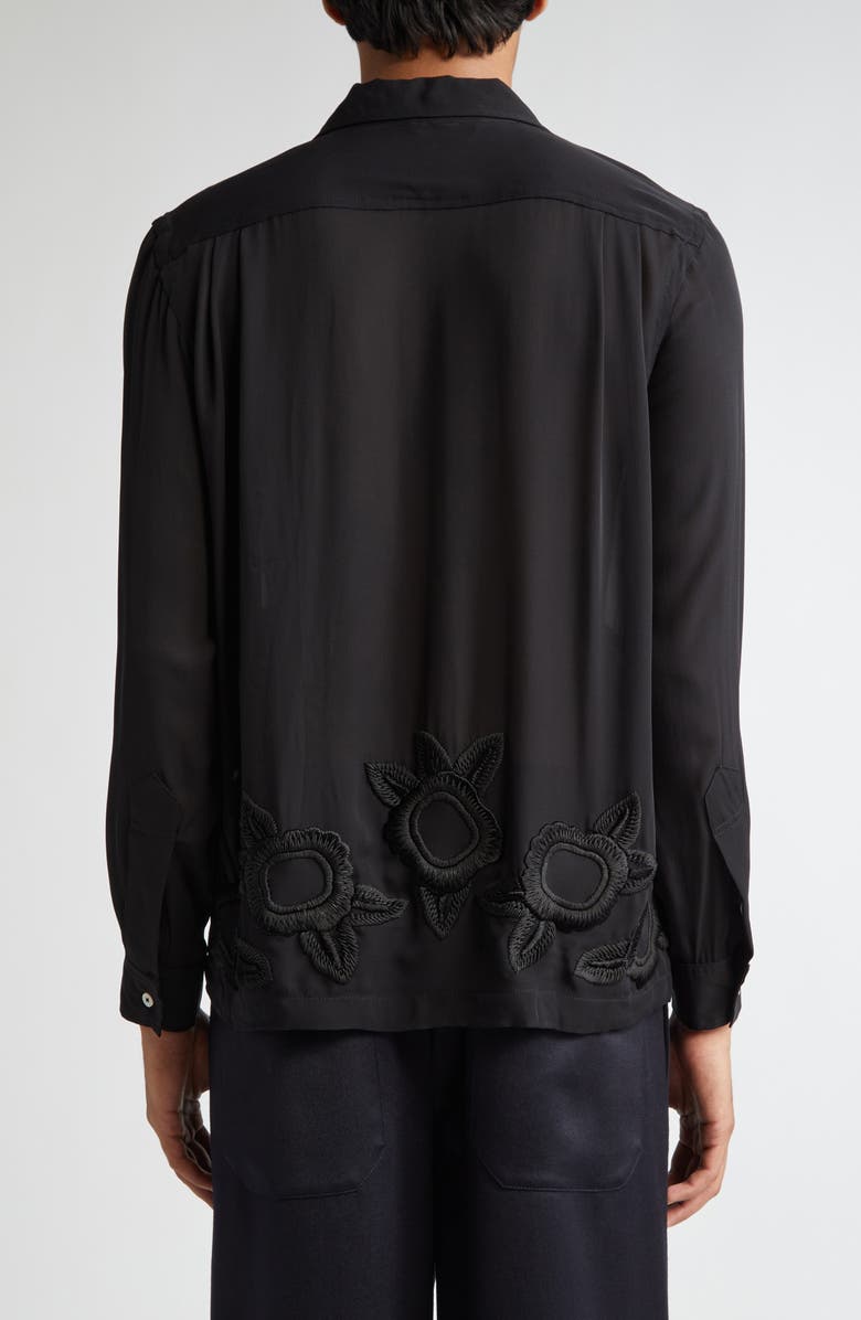 Bode Midnight Daffodil Long Sleeve Silk Button-Up Shirt, Alternate, color, Black