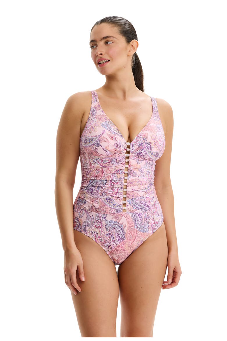 Boho Bloom D-Cup V-Neck Gold Beaded One Piece, Main, color, Pink-Multi