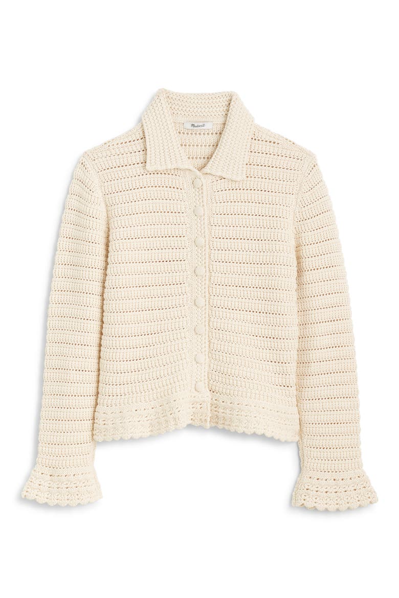 Pointelle Knit Peplum Cotton Cardigan, Alternate, color, CANVAS