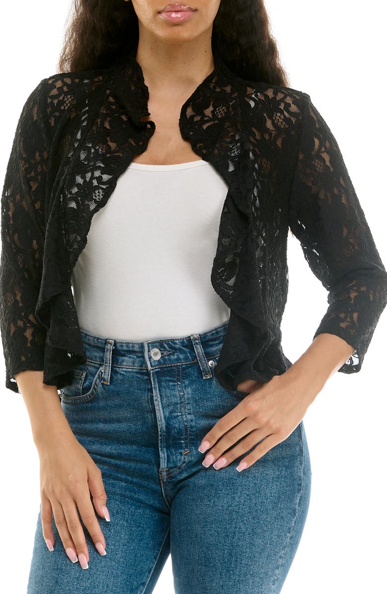 Nina Leonard Lace Three-Quarter Sleeve Bolero, Main, color, Black