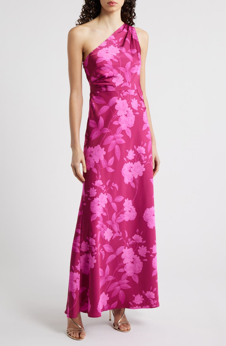 Sachin & Babi Delphine Floral One-Shoulder Satin Crepe Sheath Gown, Main, color, Rhodolite Roses