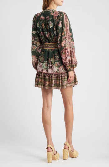 Flowering Garden Tree Long Sleeve Cotton Blend Minidress
