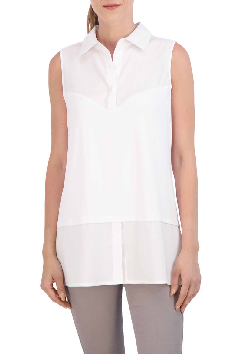 Sasha Mixed Media Sleeveless Layered Shirt, Main, color, WHITE