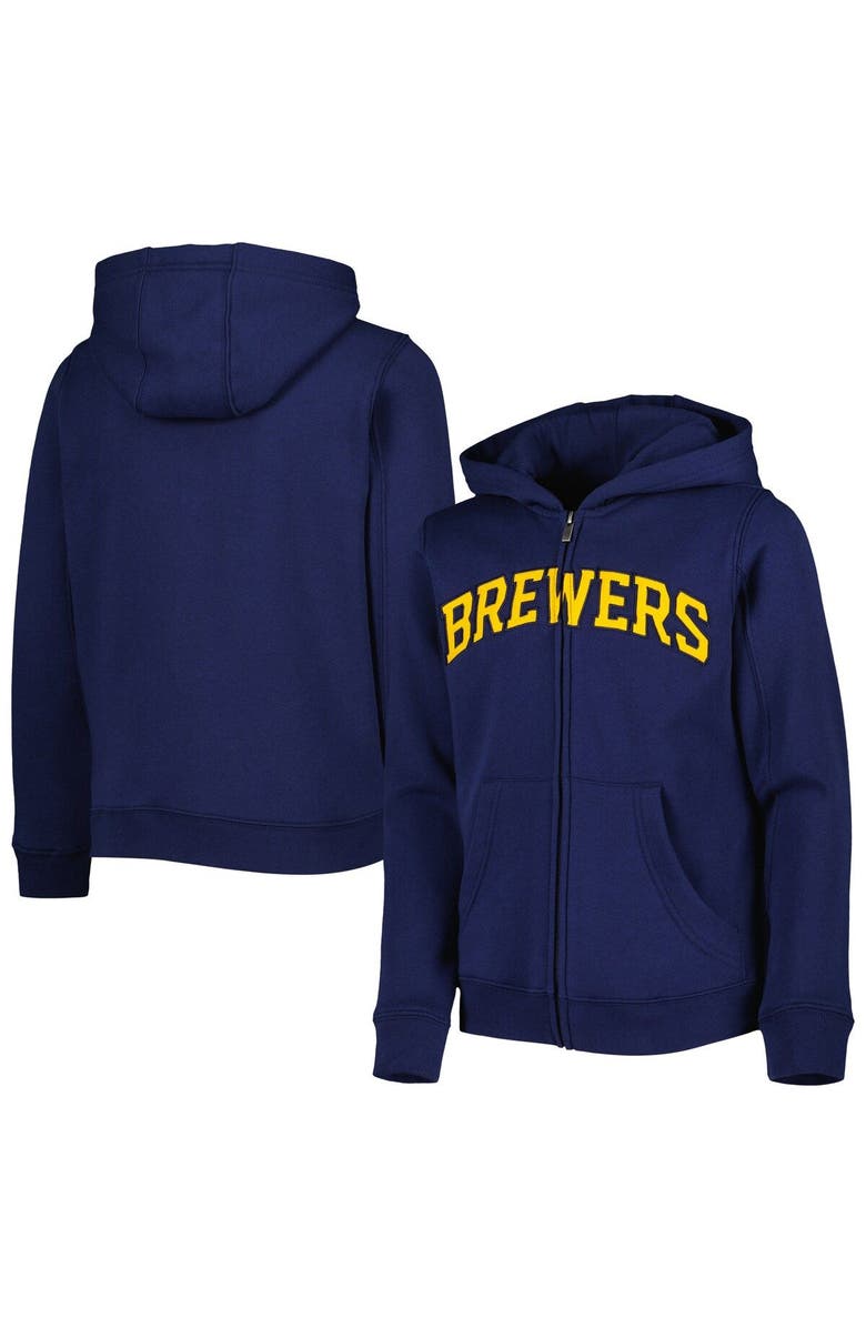 Outerstuff Youth Navy Milwaukee Brewers Wordmark Full-Zip Fleece Hoodie, Main, color, Navy