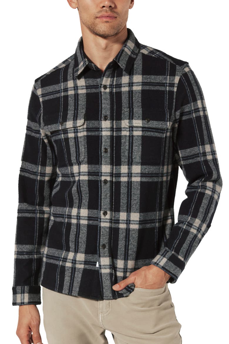 Generation Plaid Stretch Flannel Button-Up Overshirt, Main, color, NAVY