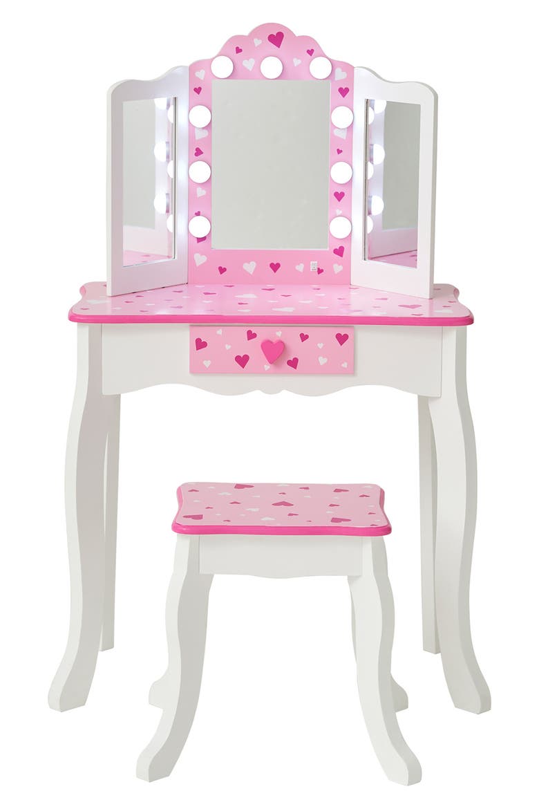Princess Gisele Sweetheart Vanity & Stool Set, Main, color, WHITE/ PINK