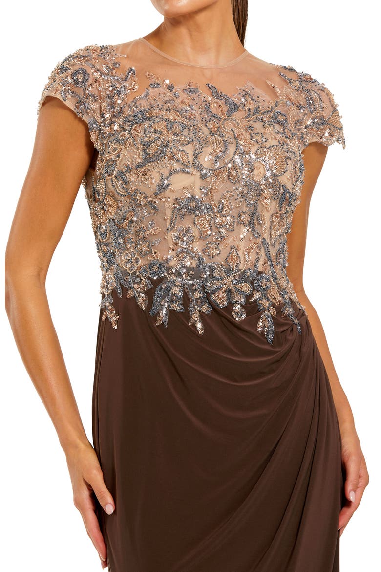 Women's Crystal-Embellished Jersey Evening Gown with Sheer Bodice, Alternate, color, Chocolate