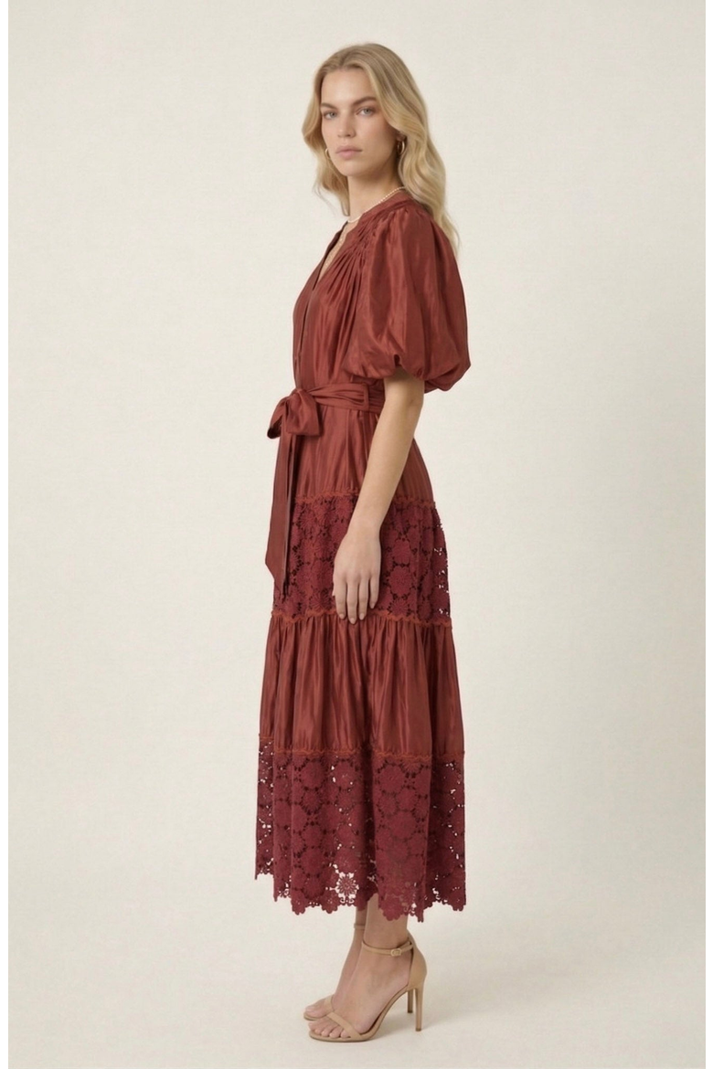 V-Neck Lace Paneling Midi Dress, Alternate, color, Red