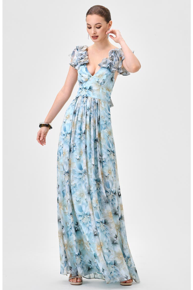 Markova Frill Shoulder Maxi, Alternate, color, BLUE/SILVER PRINT