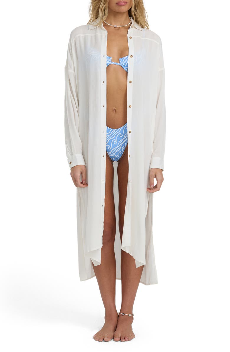Billabong Throw & Go Long Sleeve Midi Cover-Up Shirtdress, Main, color, Salt Crystal