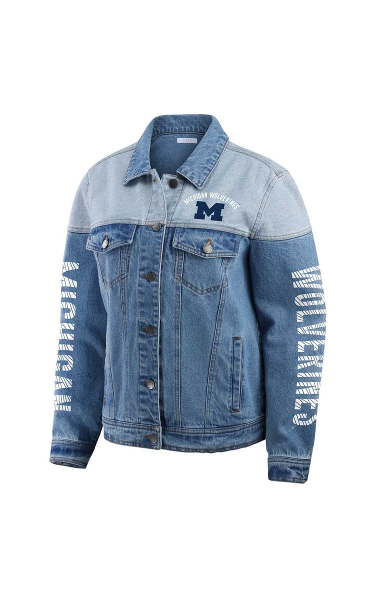 WEAR by Erin Andrews Women's WEAR by Erin Andrews Denim Michigan Wolverines Sleeve Hit Colorblock Button-Down Denim Jacket, Alternate, color, Denim