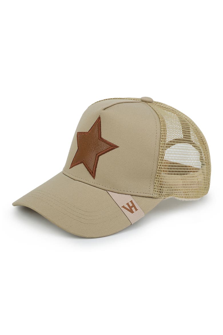 Embroidered Star Patch Mesh Panel Trucker Hat, Alternate, color, KHAKI/ BROWN