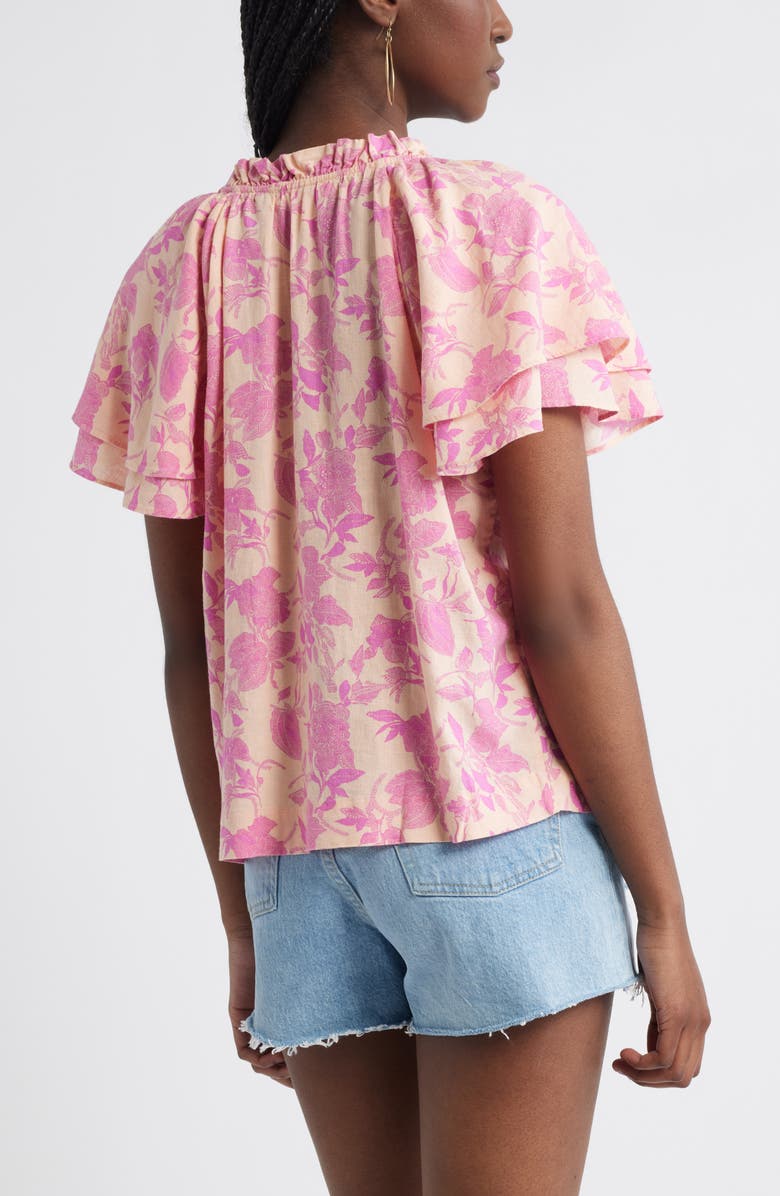 Treasure & Bond Shirred Botanical Print Linen Blend Top, Alternate, color, Coral- Pink Jill Bloom