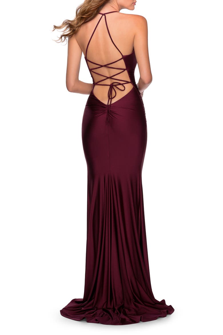 Empire Waist Dress with Ruching and Lace Up Back, Alternate, color, DARK BERRY