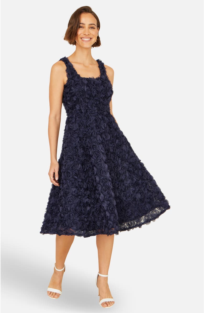 Yumi Applique Floral Skater Dress, Alternate, color, Navy