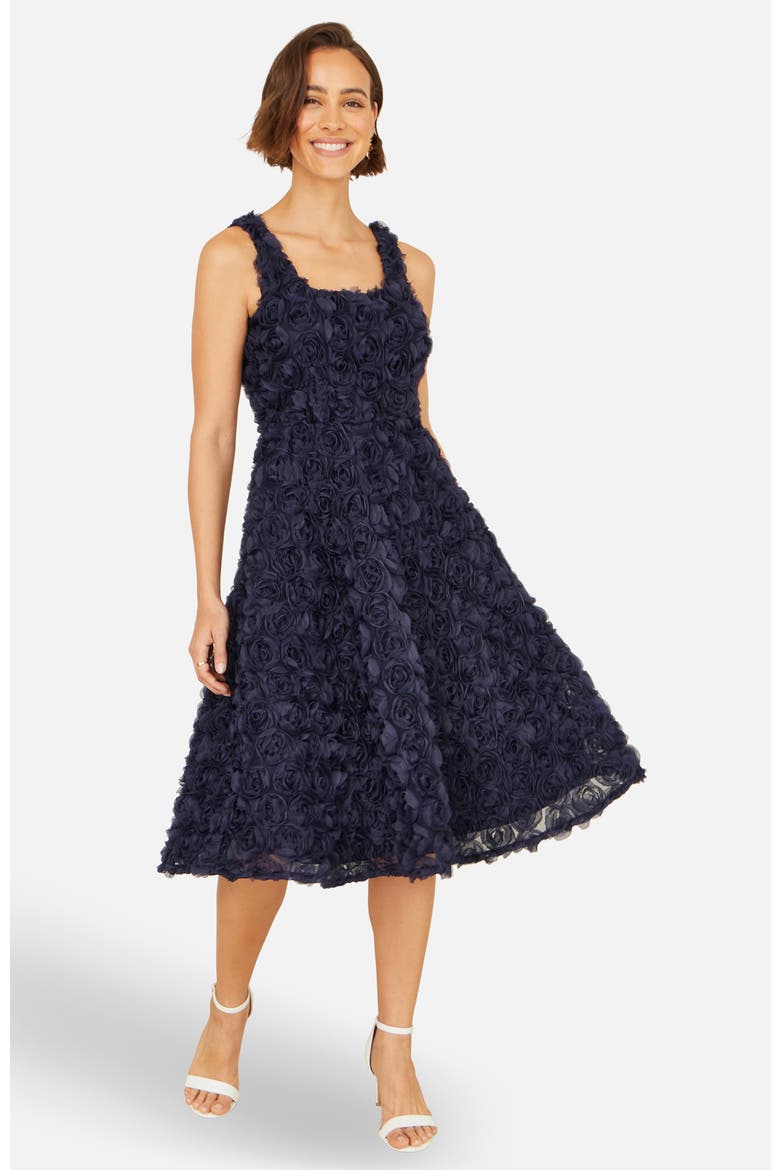 formal floral skater dress ASOS LUXE Quilted Skater Dress with bow back in floral print-Blue