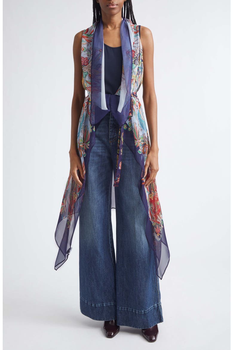 Scarf Print Long Silk Vest, Main, color, PRINT ON PALE BLUE BASE