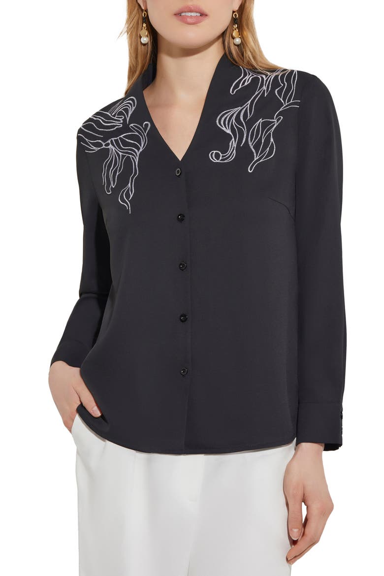 Abstract Embroidered Button-Up Shirt, Main, color, BLACK/WHITE