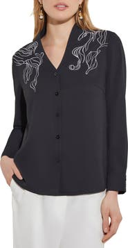 Misook Abstract Embroidered Button-Up Shirt