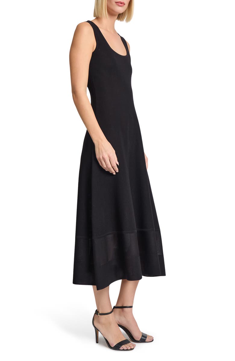 Misook Modern Fit & Flare Sheer Hem Midi Dress, Alternate, color, Black