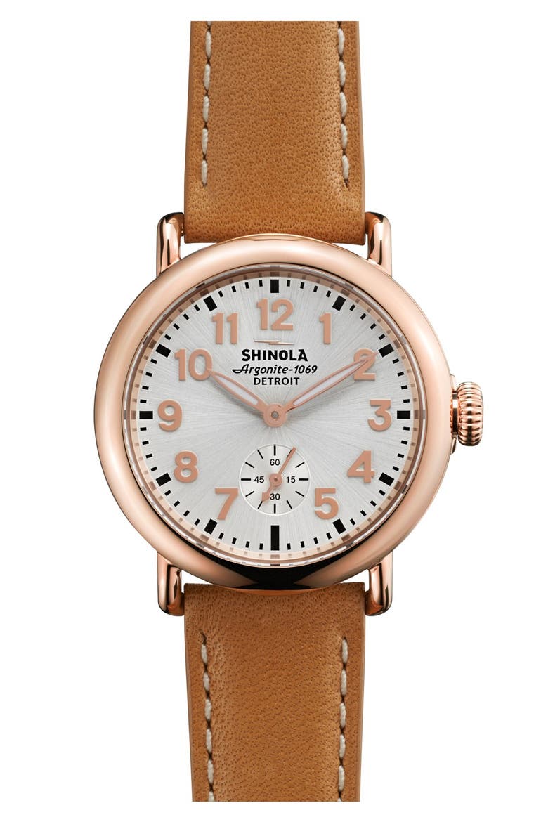 'The Runwell' Leather Strap Watch, 36mm, Main, color, NATURAL/ ROSE GOLD