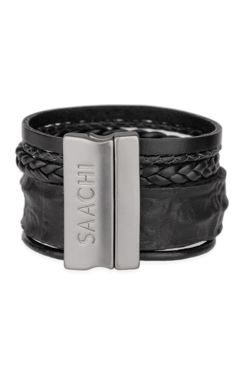 SAACHI Black Rumple Leather Strand Bracelet, Alternate, color, Black
