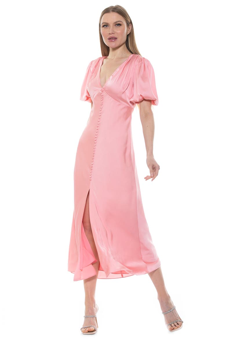 Lorelei V-Neck Bubble Sleeve Midi Dress, Alternate, color, PINK