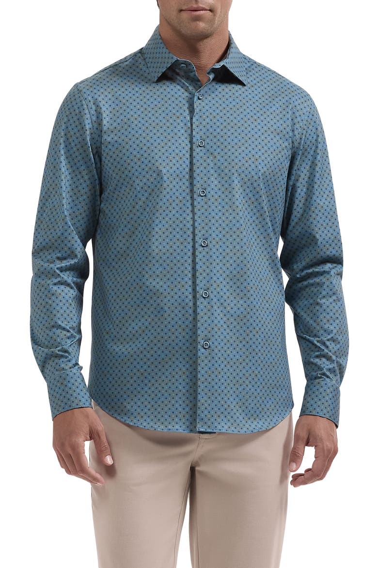 James OoohCotton Print Long Sleeve Performance Button Up Shirt, Main, color, PEACOCK