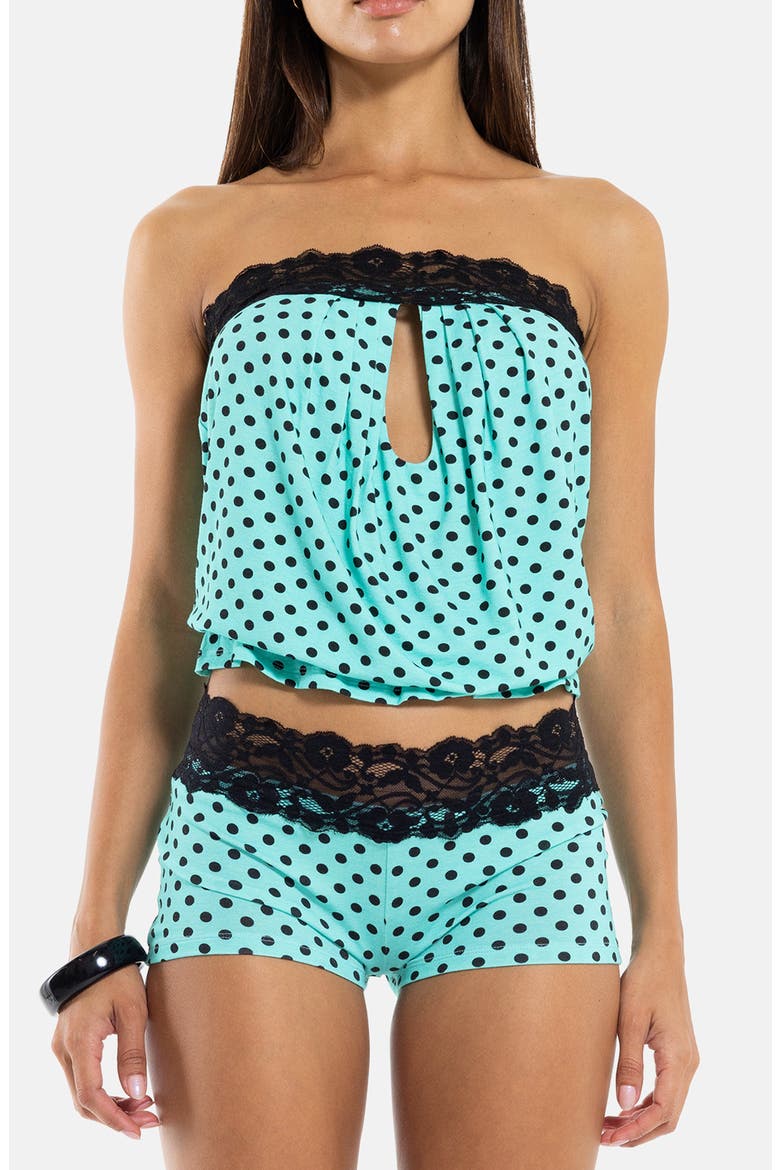 Polka Dot Strapless Top with Lace Trim, Main, color, TURQUOISE