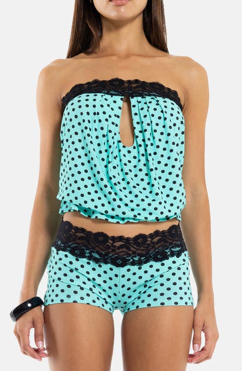 Polka Dot Strapless Top with Lace Trim