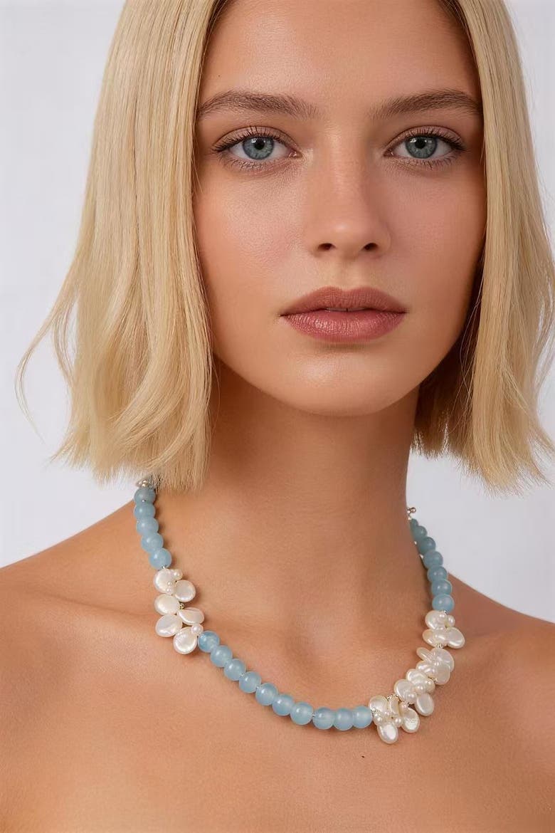 Aquamarine & Pearl Choker Necklace, Alternate, color, Blue