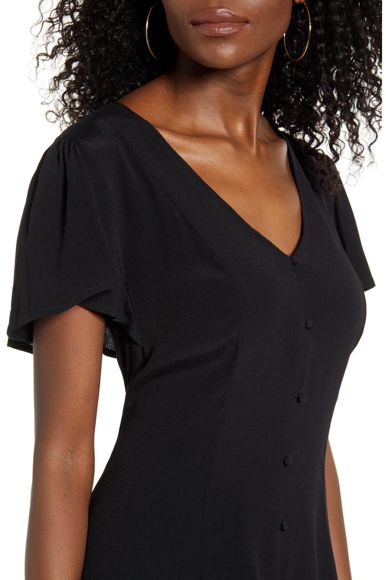 Button Front Flutter Sleeve Midi Dress, Alternate, color, BLACK