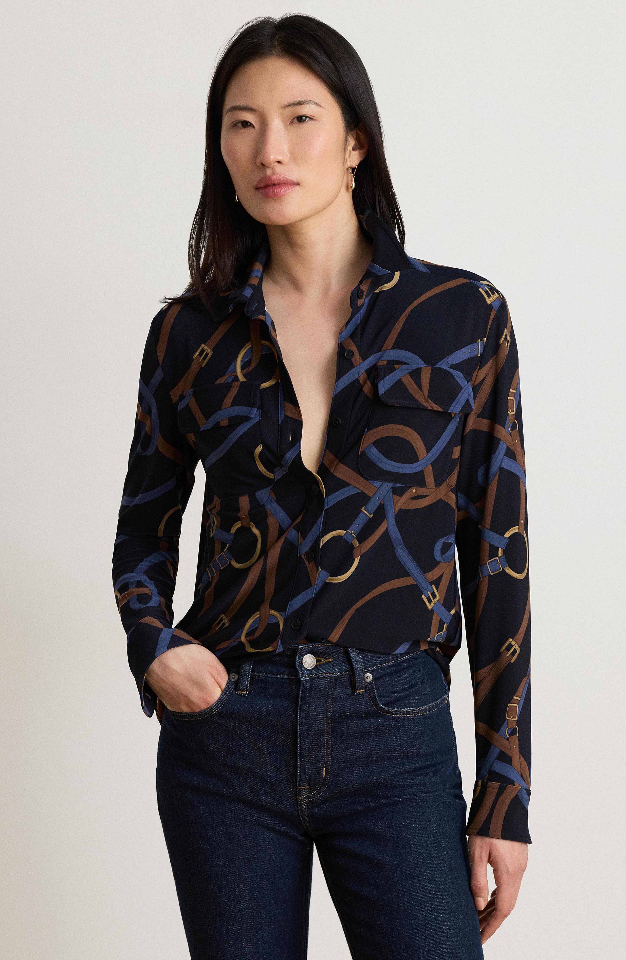 ラルフ・ローレン ローレン Lauren Ralph Lauren Classic Chain Print Stretch Jersey Knit Button