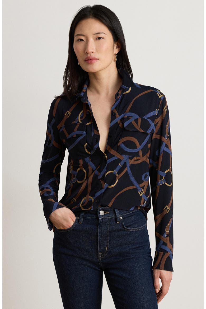 Classic Chain Print Stretch Jersey Knit Button-Up Shirt, Alternate, color, NAVY BLUE/ MULTI