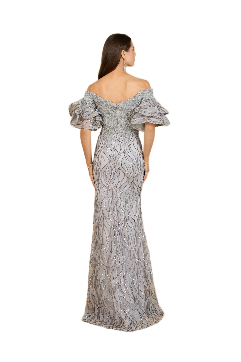 Off Shoulder Mermaid Beaded Gown with Tiered Sleeves, Alternate, color, Grey