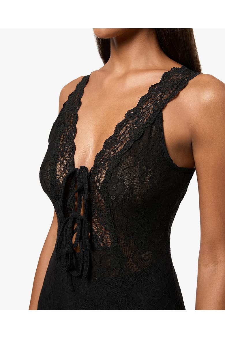 Lace Tie Front Midi Dress, Alternate, color, BLACK